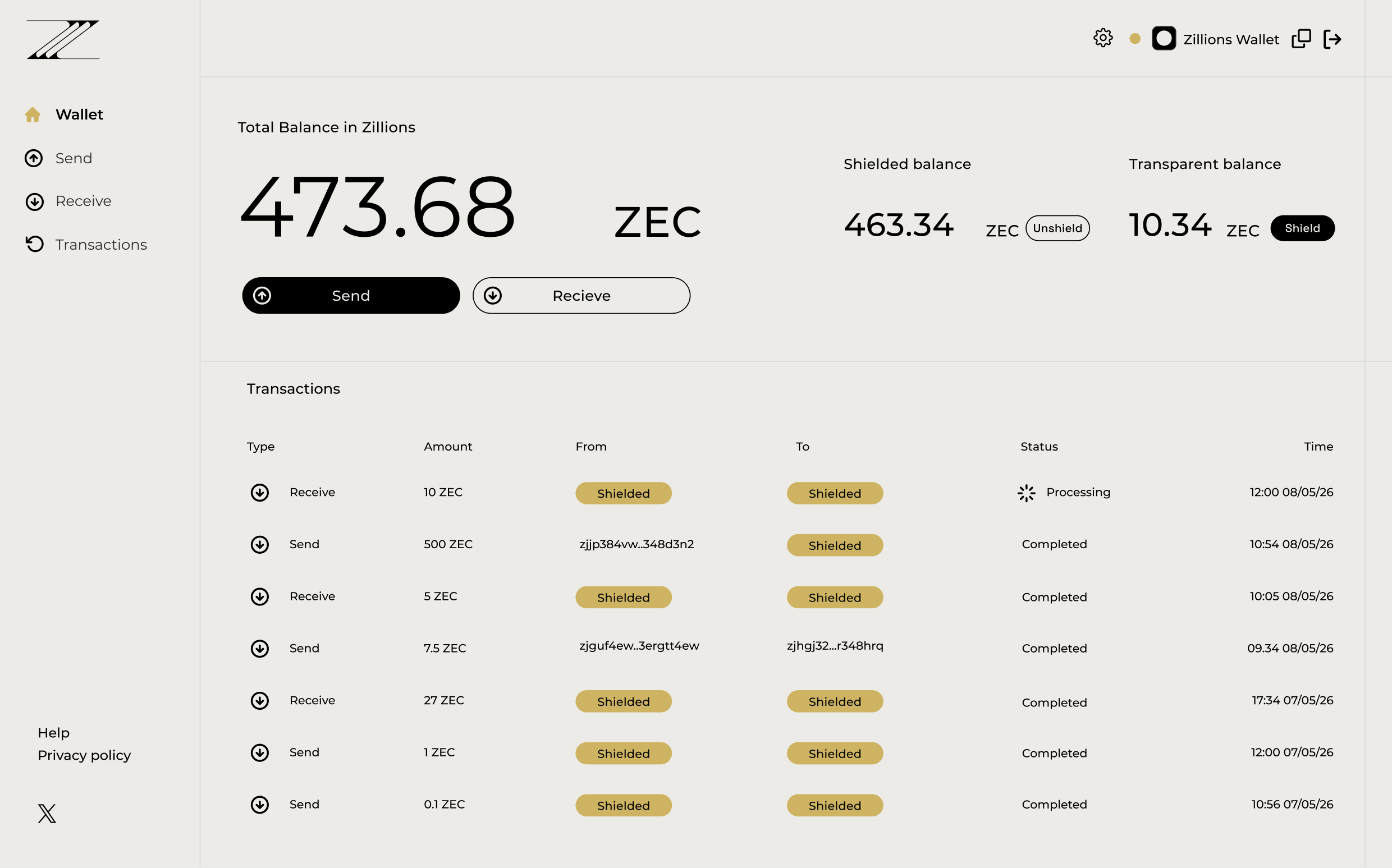Zillions wallet dashboard resting on a golden mountain